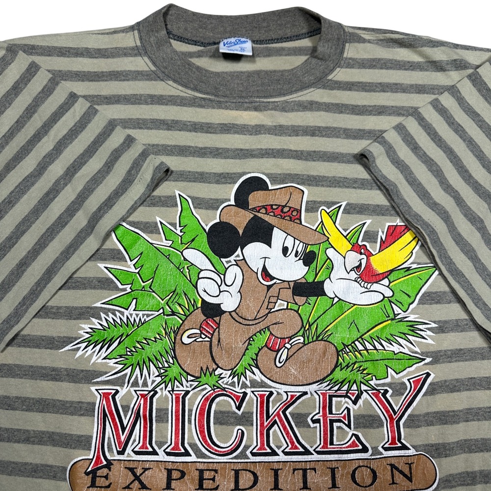 Rare Vintage 90s Mickey Expedition Florida Safari Shirt Velva Sheen Striped XL
